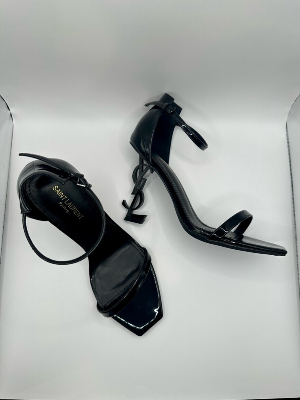 Saint Laurent Black Patent Leather Opyum Logo-Heel Sandals 8/38